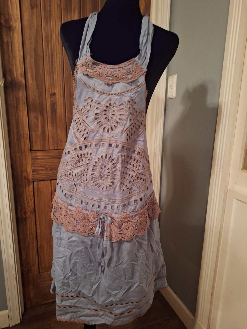 Ryu Light Blue Halter Crochet Backless Dress with Tan Trim